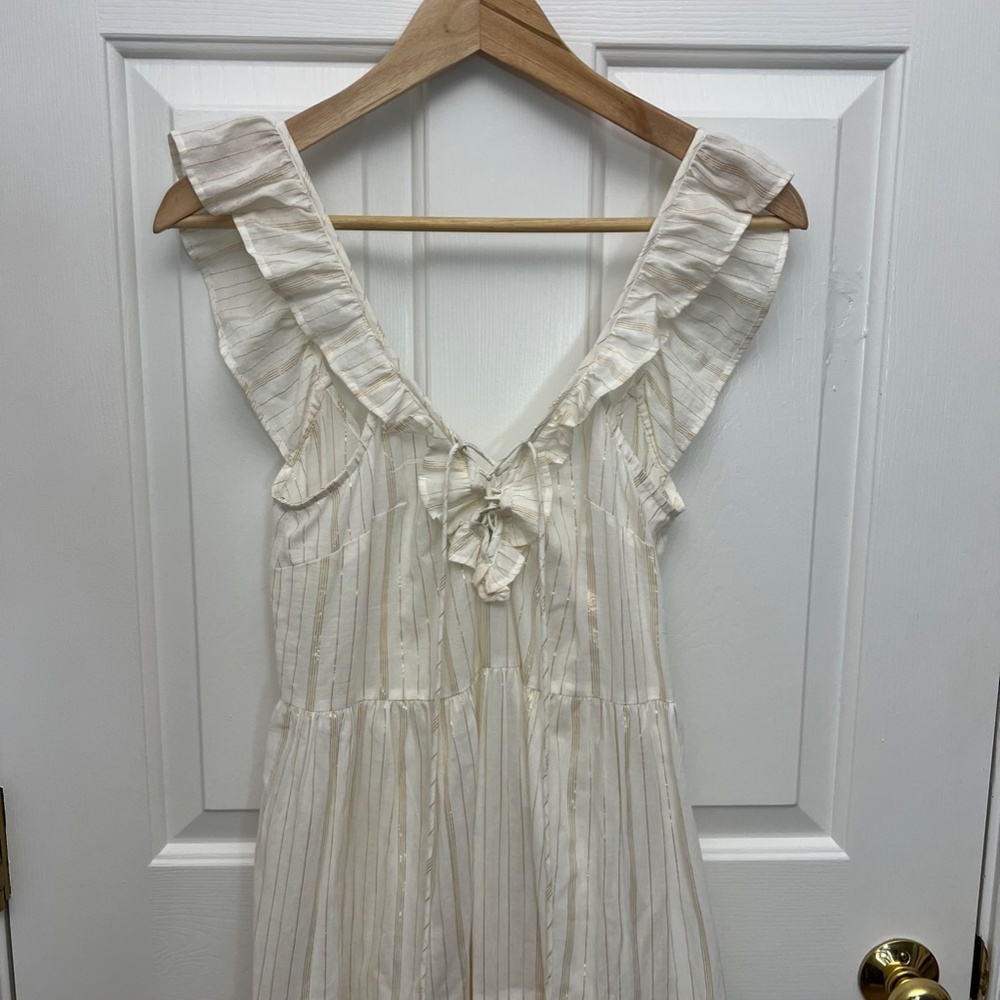 True Destinations White Gold Threaded Bohemian Tiered Maxi Dress Sz S - Picture 3 of 15